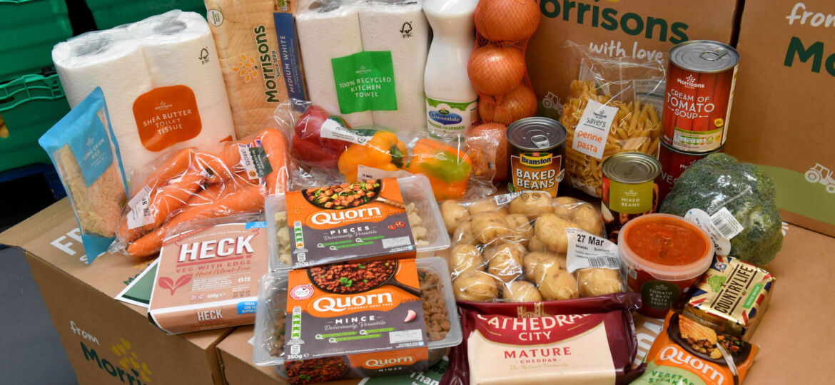 EDITORIAL USE ONLY A selection of items to be packed by staff into delivery boxes at Morrisons food packaging plant in Bradford. PA Photo. Picture date: Monday March 23, 2020. Morrisons is launching a new nationwide service to deliver boxes of essential food and grocery items to older and more vulnerable people's doors. The project is aimed at supporting those that the government has defined as most at risk from Covid-19, and who may need to self- isolate at home. Photo credit should read: Anthony Devlin/PA Wire